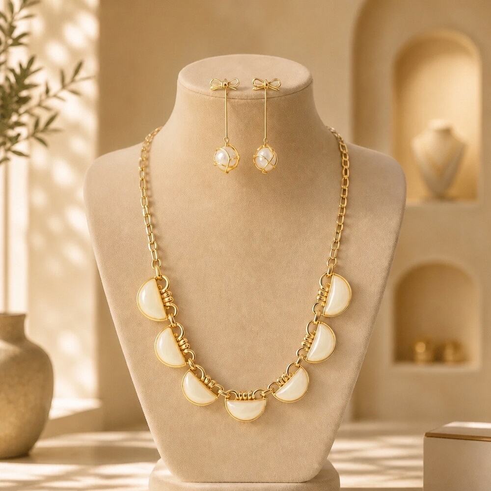 Vintage Mid-Century Cream Crescent Statement Choker & Bow Drop Earring Set 2pc
